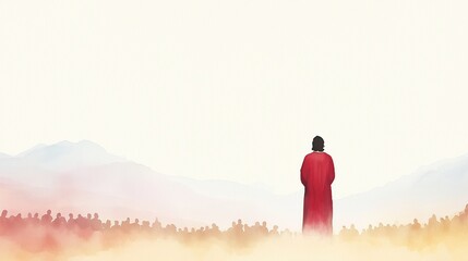 Sermon on the Mount Illustration with Jesus Preaching to a Large Crowd in Watercolor Style with Mountains in Background