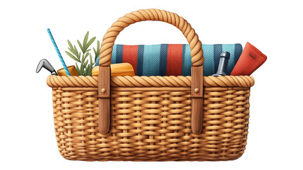 Obraz premium [Digital illustration of wicker basket filled with assorted items] Digital Wicker Basket with Tools and Books for Home Decor or Office Organization