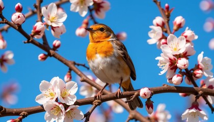 Fototapeta premium Bright bird perched on a blooming branch 