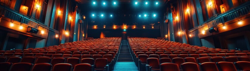 Fototapeta premium Elegant Theater Interior with Rows of Red Seats and Dramatic Lighting in a Grand Performance Venue