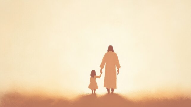 Jesus Walking Hand in Hand with a Little Girl in Serene Pastel Tones, Capturing a Peaceful Spiritual Moment and Symbolizing Faith, Love, and Compassion in Soft Gentle Colors and Calm Atmosphere