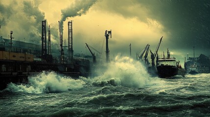 Fototapeta premium Stormy weather at a shipping port, turbulent waters splashing against docked ships, dramatic and intense mood, [shipping yard], [nature vs. industry] 