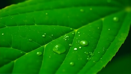 Nature's Embrace: Vibrant green leaf glistening with morning dew, a symphony of freshness and life.