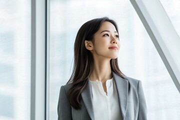 Young Asian woman, professional businesswoman, standing in office clothes, smiling and looking confident, against white background. 