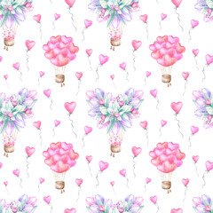 Heart shaped flower balloons watercolor isolated seamless pattern from background. Hand draw endless illustration for romantic Valentines, Mother and Women Day design, fabric, textile and packaging.