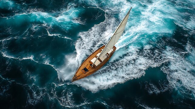 Classic sailboat navigating rough seas, aerial view.