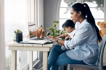 Obraz premium Remote work, child and mom with laptop for research, online article and proofreading for publication. Freelancer, baby and woman as journalist for multitasking, news editing and parenting at home