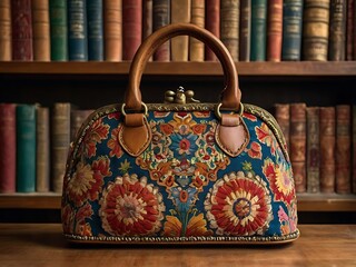 Ornate Floral Handbag Rests Before Antique Books