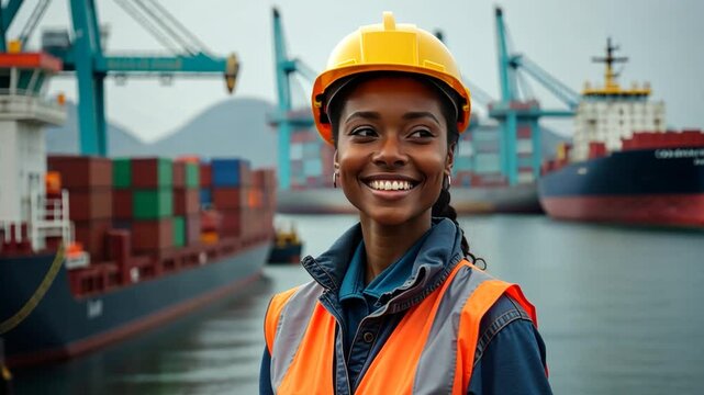 Young female black African American dock worker is smiling