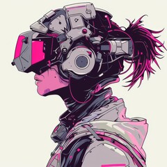 Girl character design with futuristic gas mask. Japanese cartoon style cyberpunk vector illustration. To print t-shirts, stickers, clip art, mascots. Isolated on white background.