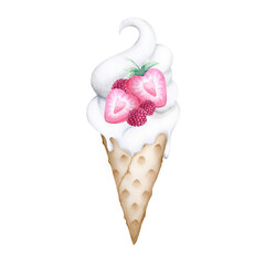 Ice cream with strawberries and raspberry watercolor isolated illustration. Hand drawn waffle cone with heart shaped strawberries cut in half for romantic Valentines Day and confectionery designs.