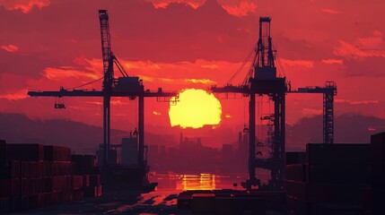 Obraz premium Sunset silhouette of cranes lifting containers, warm hues painting the sky, [shipping yard], [sunset elegance]