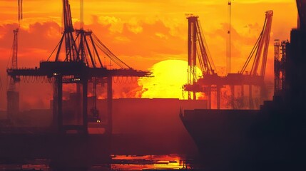 Obraz premium Sunset silhouette of cranes lifting containers, warm hues painting the sky, [shipping yard], [sunset elegance]