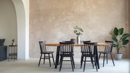 Modern Minimalist Dining Room with Natural Wood Table and Black Chairs. Stylish minimalist dining area featuring a natural wood table, black chairs, and a soothing, neutral backdrop. Perfect...