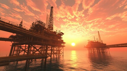 Obraz premium Majestic oil and gas platform at sunset amidst storm clouds, industrial photography