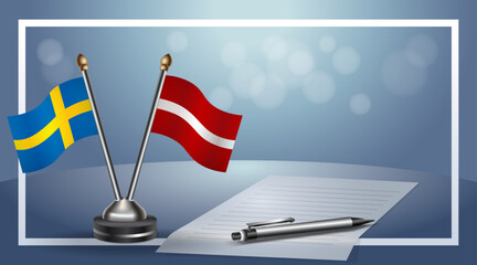 Sweden and Latvia Small national flag on bokeh background, cooperative relationship