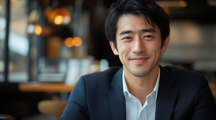 Fototapeta premium カフェで仕事をするスーツを着た日本人男性