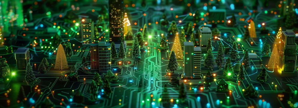 Christmas in electronic or electronics city. HOliday season semiconductor industry or future smart city.