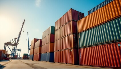 Fototapeta premium Stacked cargo containers at a bustling port under a clear blue sky. Giant cranes loom in the background, a testament to global trade and shipping.