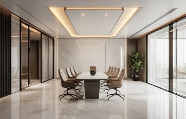 Fototapeta premium Modern minimalist conference room with elegant white decor, featuring sleek design and natural light
