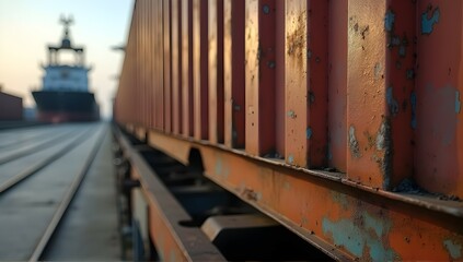 Weathered cargo container, rusty exterior, subtle sunlight, industrial setting, blurred background ship, conveying themes of transport, age, and global trade. 