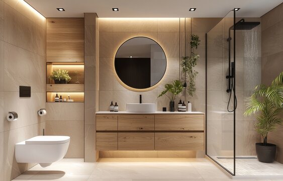 Modern minimalist-style bathroom with luxury marble finishes, floating toilet, large mirror, and sleek shower design