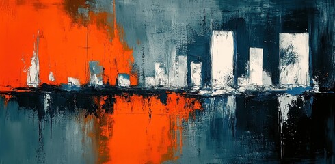 Abstract city skyline painting with orange and blue brush strokes on a textured background
