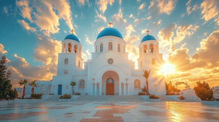 A stunning church with blue domes at sunset, showcasing beautiful architecture and serene ambiance.