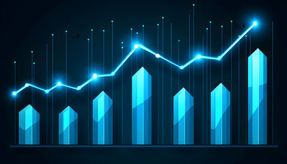 Abstract glowing blue bar graph illustrating growth, success, and upward trend in business analytics. Ideal for presentations and reports.