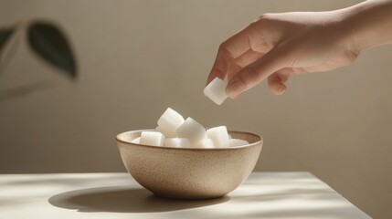 Woman's hand lifts a sugar cube from a bowl, promoting healthy habits and awareness about sugar consumption
