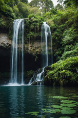 Fototapeta premium waterfall cascading into a calm lake, surrounded by lush greenery