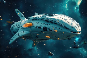 Futuristic Spaceship Navigating a Starry Nebula