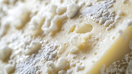 Close-up of a textured cheese surface, showcasing mold growth and intricate details, highlighting its aged characteristics.