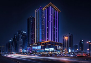 Fototapeta premium Stunning nighttime cityscape featuring a modern skyscraper illuminated with vibrant purple and gold lights, showcasing sleek architecture and dynamic city life.