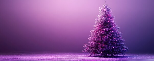 Purple christmas tree with lights on purple background for festive celebration
