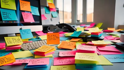 Cluttered Office Desk Covered with Colorful Sticky Notes and Organizing Chaos

