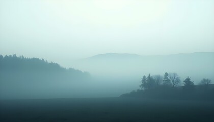 A misty, foggy landscape with silhouettes of trees and hills in the distance