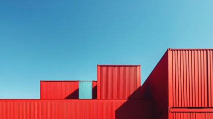 Obraz premium Vibrant red cargo containers against a clear blue sky, creating a striking color contrast, [cargo containers], [color theory in industry]