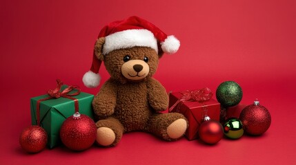 Background Featuring a Teddy Bear Wearing a Christmas Hat at a Pet Party Birthday Celebration, Surrounded by Festive Red and Green Gifts Decorated with Ribbons and Christmas Ornaments, Set Against a B