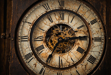 Fototapeta premium vintage clock face cracked and weathered, symbolizing the passage of time