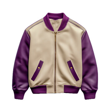 recommend clip art: An editable mockup of a varsity jacket with a beige and purple colour scheme that is suited for commercial use isolated on transparent background 