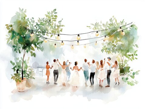 People and community gathering concept. A joyful outdoor wedding celebration with guests dancing under string lights and lush greenery. watercolor style.