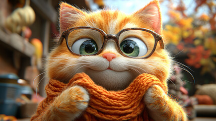 A cute orange cat with glasses wears a cozy scarf, exuding a cheerful autumn vibe in a whimsical setting filled with warm colors.