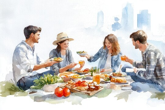 People and community gathering concept. A joyful outdoor picnic with friends enjoying food and drinks in a vibrant setting. watercolor style.