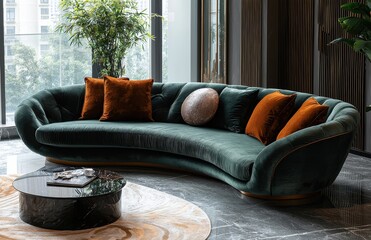 Elegantly designed living room with luxurious green velvet sofa and Asian-inspired decor, featuring stylish cushions, floral centerpiece, and contemporary artwork.