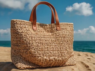 Woven Straw Beach Bag On Sandy Shore