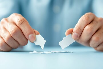 bankruptcy debt filing concept, A person tears a piece of paper in half, symbolizing destruction or letting go, with a focus on the act and texture of the torn edges.