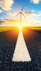 Obraz premium Road stretches towards wind turbine, by stunning sunset, symbolizing renewable energy.