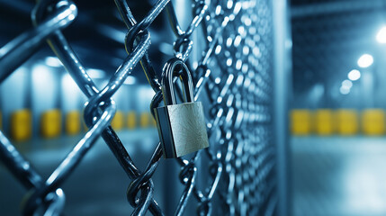 A close-up of a chain-link fence with a padlock and yellow safety barriers in the background, emphasizing security measures