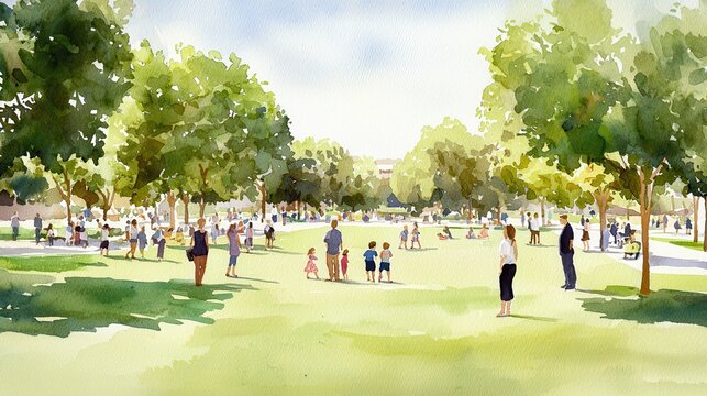 People and community gathering concept. A vibrant park scene filled with families enjoying leisure time under lush trees. watercolor style.